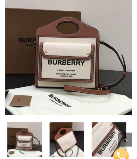 حقيبة أنيقة من Burberry بتصميم يجمع بين القماش الكلاسيكي والجلد الفاخر، مع مقبض علوي وحزام كتف عملي. قطعة راقية تعكس الذوق البريطاني الأيقوني وتناسب الإطلالات اليومية والمناسبات الخاصة بكل أناقة.