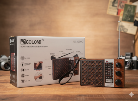 راديو GOLON RX-2090Q: كلاسيكية الماضي بتقنيات المستقبل! 📻✨ استعد ذكريات الزمن الجميل مع راديو GOLON الأنيق بتصميمه الخشبي الفاخر، الذي يضيف لمسة "فنتج" ساحرة لأي مكان، مع أداء عصري يلبي كل احتياجاتك