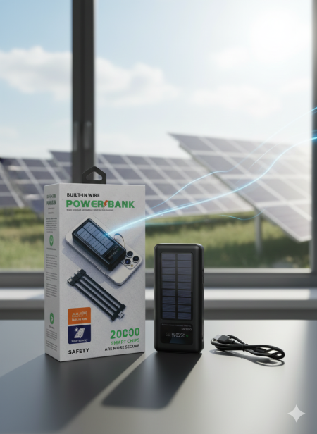 باور بانك شمسي مع أسلاك مدمجة (Built-in Wire Power Bank) باور بانك عملي وذكي يجمع بين الشحن التقليدي والطاقة الشمسية، مع أسلاك مدمجة لتسهيل الاستخدام بدون الحاجة لحمل كابلات إضافية