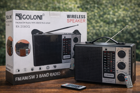راديو Golon RX-2080Q بتصميم عملي وصوت قوي، يدعم AM/FM/SW مع تشغيل الموسيقى عبر USB وSD، إضافة إلى الاتصال اللاسلكي. مثالي للاستخدام اليومي، الرحلات، أو البيت، مع بطارية قابلة للشحن وسهولة حمل وتشغيل