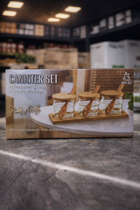 طقم علب تخزين Canister Set ✨ زجاج بوروسيليكات عالي الجودة مع قاعدة وأغطية بامبو طبيعية وملعقة خشب، مثالي لتنظيم السكر والبهارات ولمسة أنيقة للمطبخ 🍯🌿