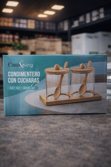 طقم علب توابل Casa Living مع ملاعق 🌿✨ علب زجاج شفافة مع أغطية وقاعدة خشب طبيعية، تصميم عملي وأنيق لتنظيم السكر أو التوابل ولمسة راقية على طاولة المطبخ 🍯🍽️
