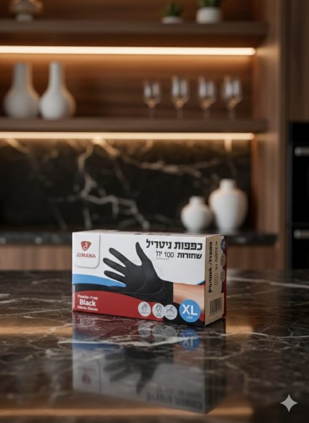 قفازات نايلتريل سوداء بدون بودرة ماركة JUMANA مقاس XL – عبوة 100 قفاز
