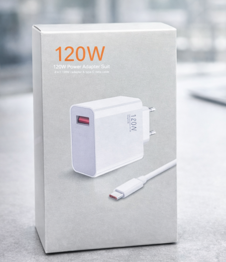 شاحن حائط 120W مع كابل Type-C (Power Adapter Suit) شاحن قوي للغاية بقدرة 120 واط يوفّر شحنًا فائق السرعة للأجهزة المتوافقة، مناسب للهواتف الذكية، الأجهزة اللوحية، وبعض أجهزة اللابتوب، مع تصميم أنيق وكابل مرفق لراحة أكبر.