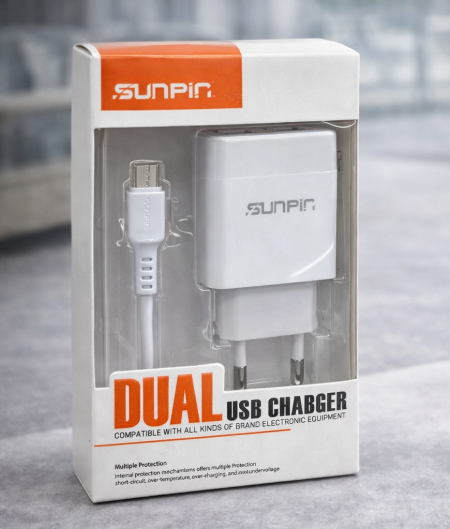 شاحن حائط SUNPIN مزدوج USB مع كابل شاحن عملي وموثوق يوفر شحنًا ثابتًا وآمنًا لأجهزتك اليومية، مع تصميم أنيق وجودة تصنيع عالية.