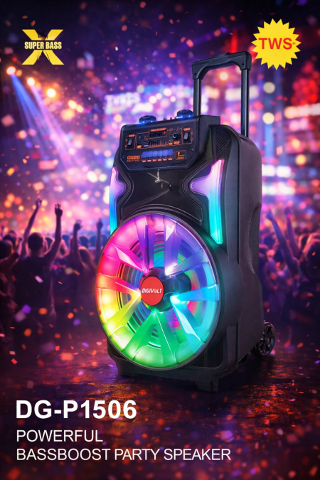 سماعة الحفلات DG-P1506 بقوة باس عالية وتصميم احترافي مع إضاءة LED مبهرة، مثالية للحفلات والرحلات. تدعم Bluetooth وUSB وAUX وFM وTWS، مع بطارية قوية ومقبض وعجلات لسهولة النقل. صوت قوي يخلي الأجواء تولّع