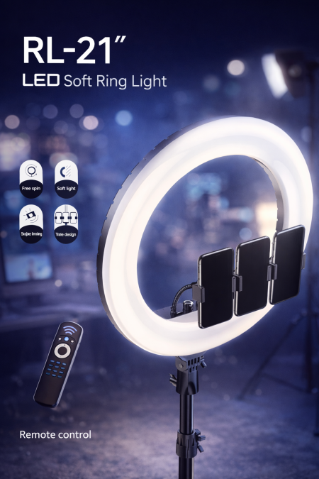 رينغ لايت LED مقاس 21 إنش بإضاءة ناعمة ومتوازنة تمنحك مظهر احترافي للتصوير والبث المباشر. تحكم كامل بدرجات الإضاءة والسطوع، مع حوامل متعددة للهواتف وريموت كنترول لراحة أكبر. الخيار المثالي لصنّاع المحتوى، المكياج، والتصوير الاحترافي من البيت أو الاستوديو
