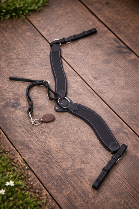 حزام صدر للخيول بتصميم عملي وأنيق 🖤 مصنوع من خامات قوية مع تبطين مريح، يساعد على تثبيت السرج ومنع انزلاقه أثناء الركوب أو التدريب. مشابك معدنية متينة، قابل للتعديل ليناسب مختلف الأحجام، ويوفّر راحة وثبات للحصان مع تحكّم أفضل للفارس