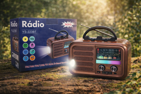 راديو YS-223BT – ريترو عملي لكل الأوقات راديو YS-223BT بتصميم كلاسيكي أنيق يجمع بين الشكل التراثي والوظائف العصرية، ليكون رفيقك المثالي في البيت، الرحلات، أو أثناء الطوارئ. مصنوع بهيكل متين مع مقبض حمل مريح وهوائي قوي لاستقبال أفضل للإشارة.