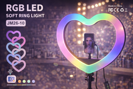 إضاءة RGB LED Ring Light بتصميم عصري مميز، تعطيك إضاءة ناعمة ومتعددة الألوان لنتائج احترافية بالتصوير والبث المباشر. مثالية للسوشيال ميديا، المكياج، والتصوير الليلي، مع تحكم سهل وتأثيرات جذابة تخلي محتواك يلمع