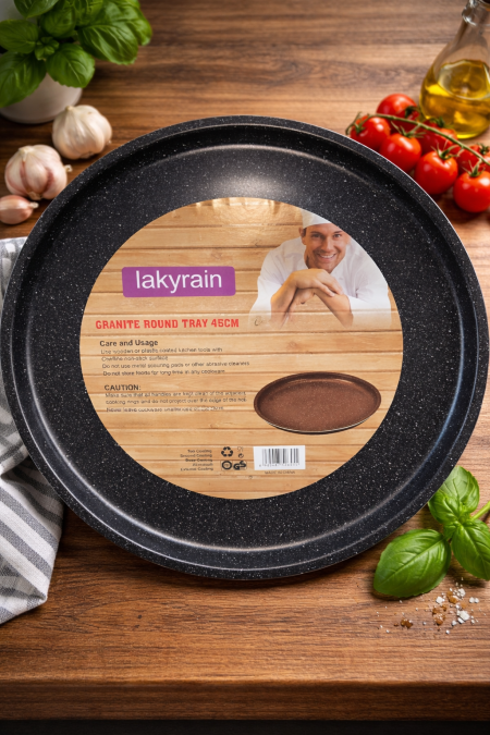صينية جرانيت دائرية 45 سم عملية وأنيقة، بطبقة جرانيت غير لاصقة تتحمل الاستخدام اليومي وسهلة التنظيف. مثالية للتقديم أو الاستخدام في المطبخ بلمسة عصرية. 🍽️✨