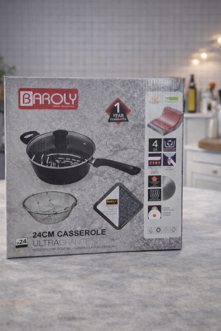 طنجرة Baroly Ultra Granite مقاس 24 سم بطبقة جرانيت غير لاصقة، متينة وصحية مع توزيع حرارة ممتاز لطبخ أسهل وتنظيف أسرع. خيار عملي للمطبخ اليومي 👩‍🍳🍲
