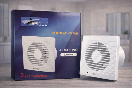 مروحة تهوية AIRCOL 200 قوة شفط عالية للمساحات الواسعة مثل الحمّامات والمطابخ والمخازن. 📏 مقاس 200mm (8 إنش) 🔇 تشغيل هادئ وأداء فعّال 🛠️ تركيب سهل وجودة موثوقة
