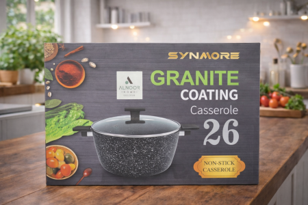 قدر جرانيت Synmore مقاس 26 سم بطلاء غير لاصق، متين ويوفّر توزيع حرارة ممتاز لطبخ أسهل وتنظيف أسرع. مثالي للاستخدام اليومي ولمطبخ عصري 🍲✨