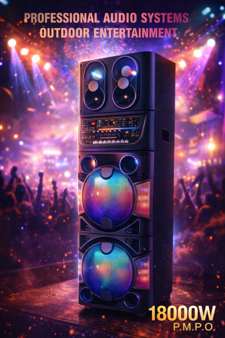 سماعة احترافية قوية للحفلات والمناسبات، بصوت عالي ونقي وباس عميق يهز المكان. تصميم متين للاستخدام الخارجي، مثالية للأعراس، الدي جي، والتجمعات الكبيرة، مع تحكم سهل وأداء يعتمد عليه
