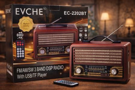 راديو كلاسيك بتصميم أنيق يجمع بين الشكل التراثي والتقنيات الحديثة، يدعم Bluetooth لتشغيل الموسيقى لاسلكيًا، مع راديو FM/AM/SW، ومنفذ USB وTF. صوت واضح وقوي، مناسب للبيت، المكتب أو الرحلات، مع بطارية قابلة للشحن لراحة استخدام كاملة.