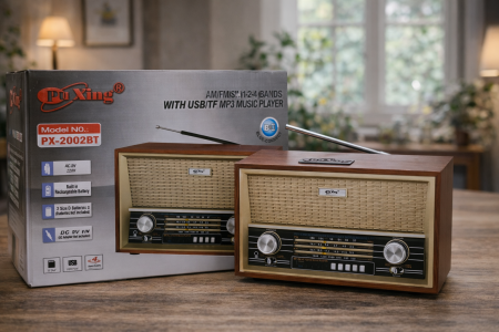 راديو PuXing PX-2002BT بتصميم كلاسيكي فاخر وصوت قوي، يدعم Bluetooth وتشغيل الموسيقى عبر USB وTF، مع استقبال AM / FM / SW متعدد النطاقات. يعمل على الكهرباء أو البطارية، خيار مثالي للبيت ولمحبي الراديو الكلاسيكي بلمسة عصرية.