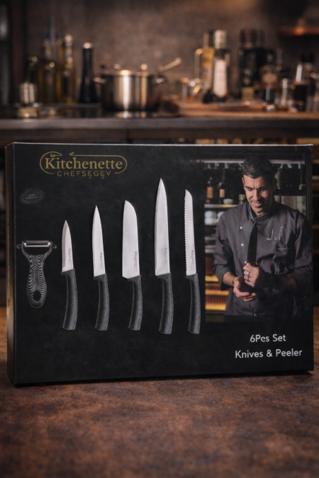 🔪 طقم سكاكين ومقشّرة – 6 قطع سكاكين حادة بجودة عالية مع مقابض مريحة، ومقشّرة عملية للاستخدام اليومي. تصميم أنيق وأداء احترافي لكل مطبخ.