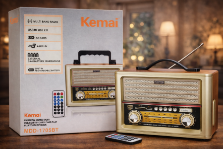 راديو Kemai بتصميم كلاسيكي أنيق يجمع بين الشكل التراثي والتقنيات الحديثة. يدعم راديو متعدد الموجات AM/FM/SW مع تشغيل الموسيقى عبر Bluetooth، USB، SD وبطارية قابلة للشحن، خيار عملي للبيت، الرحلات، وكل محبي الصوت الدافئ الكلاسيكي.