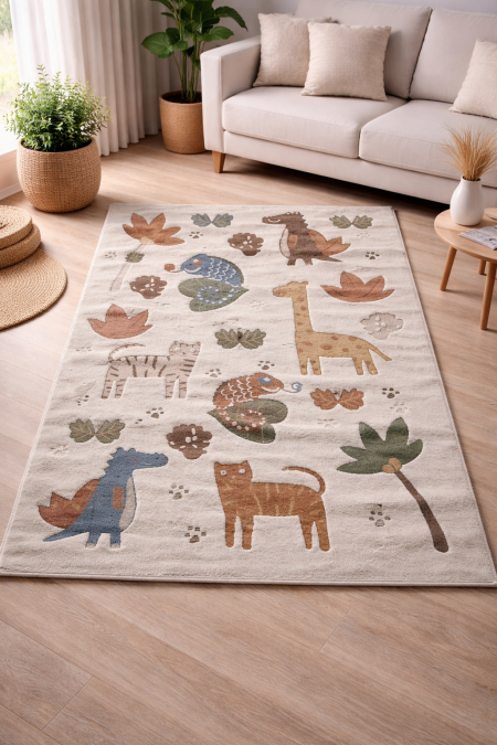 سجادة أطفال برسومات حيوانات مرحة وألوان هادئة، تضيف جوًا دافئًا وممتعًا لغرفة الطفل. خامة ناعمة، عملية وسهلة التنظيف للاستخدام اليومي. 🐾✨