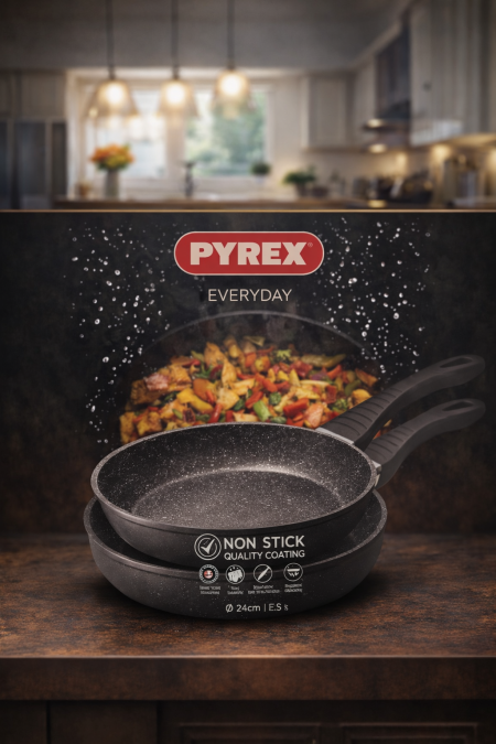 طقم مقالي PYREX Everyday غير لاصق أداء عملي ونتائج مثالية مع طلاء غير لاصق عالي الجودة، توزيع حرارة ممتاز، ومقابض مريحة وآمنة. خيار رائع للطبخ اليومي بكل سهولة 🔥 📦 الطقم: مقلايتان | المقاسات: 24 + 28 سم
