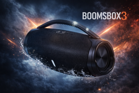 سماعة BOOMSBOX3 اللاسلكية بقوة 40W تمنحك صوتًا قويًا ونقيًا مع باس عميق، تصميم متين ومقاوم للرذاذ، وحمل سهل للاستخدام داخل البيت أو خارجه. الخيار المثالي للحفلات، الرحلات، وكل لحظة بدها صوت يعبّي المكان.