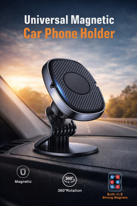 حامل مغناطيسي عالمي للهاتف للسيارة (Universal Magnetic Car Phone Holder) حامل هاتف عملي وأنيق بتقنية مغناطيسية قوية، يثبت هاتفك بثبات وأمان داخل السيارة مع إمكانية التركيب بيد واحدة. يتميز بتصميم ذكي ودوران كامل 360° ليوفر لك أفضل زاوية رؤية أثناء القيادة بدون تشتيت.