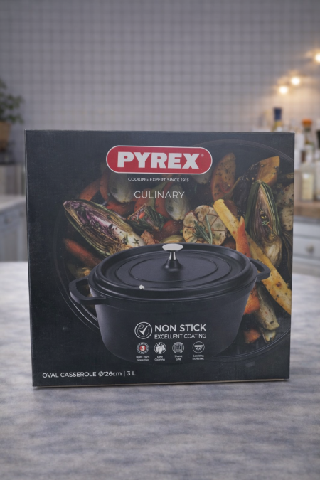 قدر Pyrex Culinary بيضاوي مقاس 26 سم (3 لتر) بطبقة مانعة للالتصاق عالية الجودة، مثالي للطبخ اليومي والتحمير، توزيع حرارة ممتاز وسهل التنظيف لنتائج رائعة كل مرة 🍲✨