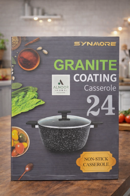 قدر جرانيت Synmore مقاس 24 سم بطلاء غير لاصق، تصميم عملي مع توزيع حرارة ممتاز لطبخ مريح وتنظيف سريع. مثالي للاستخدام اليومي في كل مطبخ 🍲✨