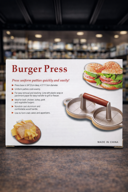 مكبس برغر عملي لعمل أقراص متساوية بسهولة وسرعة 🍔 يعطيك برغر مثالي الشكل والطهي، مصنوع من الألمنيوم غير اللاصق مع مقبض مريح. مناسب للحوم والدجاج والخضار – خيار رائع لكل مطبخ 👌