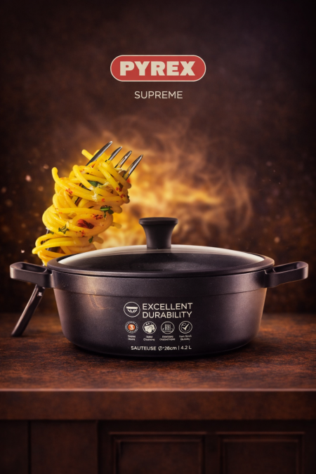 طنجرة Pyrex Supreme متينة وعملية، توزيع حرارة ممتاز لطبخ مثالي 🍝 مقاس 26 سم بسعة 4.2 لتر، مناسبة لكل الاستخدامات اليومية وتدوم معك طويلًا. اختيار مثالي لمطبخك 👌🔥
