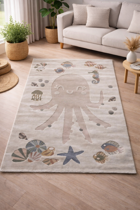 سجادة أطفال بتصميم أخطبوط لطيف وأجواء بحرية هادئة، ألوان ناعمة تبعث على المرح والراحة. خامة مريحة وآمنة، سهلة التنظيف ومثالية لغرفة الأطفال أو زاوية اللعب. 🐙🌊