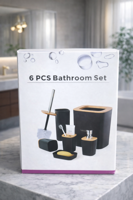 طقم حمّام 6 قطع بتصميم أنيق يجمع الأسود مع لمسة خشبية فخمة 🖤🪵 مثالي لتنظيم الحمّام وإضافة شكل عصري ومرتب يناسب كل الديكورات.