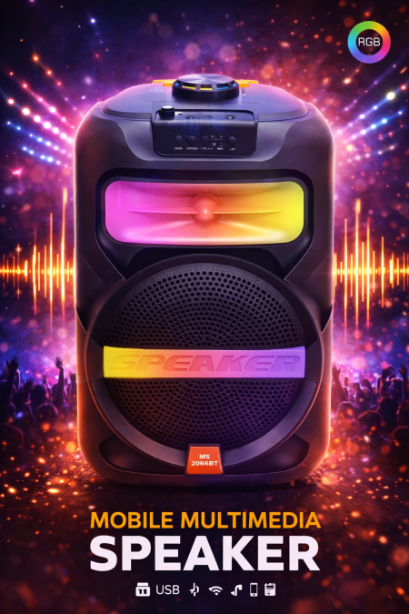 سماعة MS-2066BT قوة صوت واضحة مع إضاءة RGB جذابة تضيف جوّ حماسي لأي مكان. تدعم البلوتوث، USB، والراديو FM، مع تصميم عملي وسهل الحمل. مثالية للحفلات، الرحلات، والاستخدام اليومي