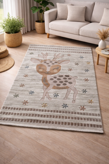 سجادة أطفال بتصميم غزال لطيف وألوان هادئة، تضيف لمسة دفء ومرح لغرفة الطفل. خامة ناعمة ومريحة، سهلة التنظيف ومناسبة للاستخدام اليومي. 🦌✨