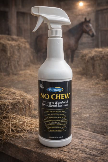 سبراي No Chew يمنع الخيل من القضم والعضّ على الخشب والأسطح غير المعدنية، تركيبة فعّالة وآمنة بدون تلطيخ، يحمي الإسطبل والمعدات ويعطي نتيجة سريعة تدوم. مناسب للاستخدام اليومي داخل وخارج الإسطبل.