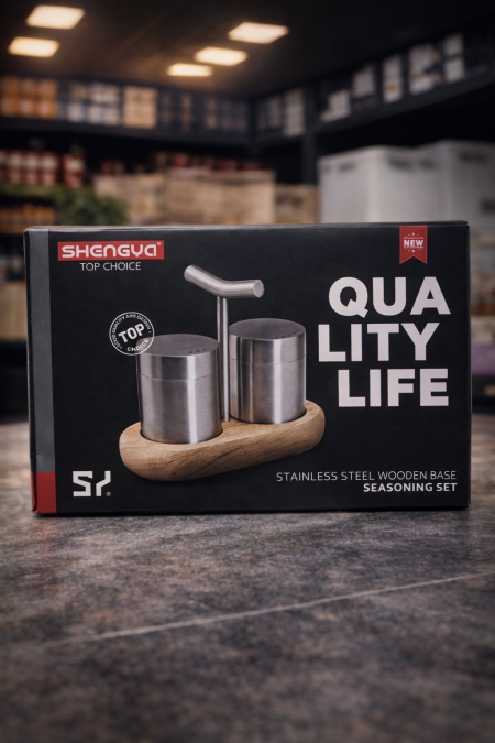 طقم بهارات SHENGYA – Quality Life ✨ علب ستانلس ستيل مع قاعدة خشب أنيقة، تصميم عملي وفخم لتنظيم البهارات وإضافة لمسة راقية للمطبخ 🍽️🌿