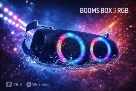 سماعة Booms Box 3 RGB بقوة صوت عالية وواضحة، مزودة بإضاءة RGB جذابة تعطيك أجواء حفلات أين ما كنت. تصميم قوي ومقاوم، اتصال بلوتوث سريع، وبطارية تدوم لساعات طويلة — الخيار المثالي للرحلات، السهرات، والاستخدام اليومي