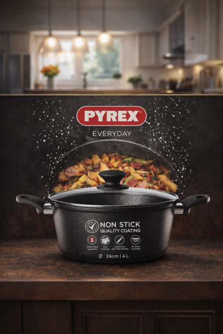 🍲 قدر PYREX Everyday غير لاصق مثالي للاستخدام اليومي، طلاء غير لاصق عالي الجودة، توزيع حرارة ممتاز، وغطاء زجاجي متين. عملي، أنيق، وسهل التنظيف 👌🔥 📏 المقاس: 24 سم | السعة: 4 لتر