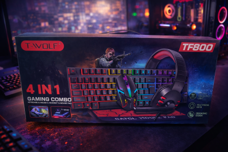 طقم ألعاب T-WOLF TF800 (4×1) كل اللي بتحتاجه لتجربة جيمينغ احترافية! كيبورد بإضاءة RGB، ماوس دقيق، سماعة مريحة بصوت قوي، وماوس باد مخصص – تصميم أنيق، أداء ثابت، وإضاءة تخطف الأنظار لعشاق الألعاب.