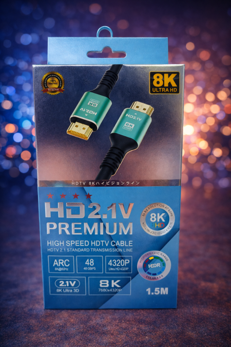 كابل HDMI 2.1V احترافي يدعم دقة 8K Ultra HD لنقل صورة وصوت فائقين الوضوح بدون تقطيع. سرعة نقل عالية، دعم HDR وARC، مثالي للتلفزيونات الحديثة، البلايستيشن، الإكس بوكس، والشاشات الاحترافية. جودة ممتازة وتجربة مشاهدة سينمائية حقيقية