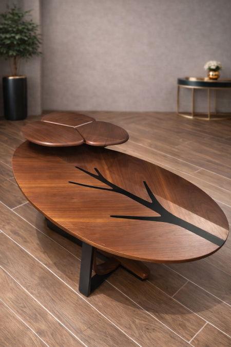 طاولة وسط بتصميم فني عصري يلفت الأنظار ✨ لمسة طبيعية مستوحاة من شكل الورقة، مع تشطيب أنيق وفاخر يضيف عمق ورُقي لأي مساحة. مثالية لغرف الجلوس الحديثة، تجمع بين الجمال والعملية وتحوّل المكان لنقطة فخامة مميزة 🖤 تصميم مختلف… حضور قوي… وأناقة ما بتتكرر