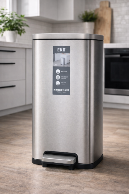 سلة مهملات ستانلس ستيل EKO بسعة 30 لتر 🗑️ بتصميم عصري، دعسة قدم مع إغلاق هادئ (Soft Close)، مقاومة لبصمات الأصابع وتبقى مفتوحة عند الحاجة. عملية وأنيقة للمطبخ والبيت.
