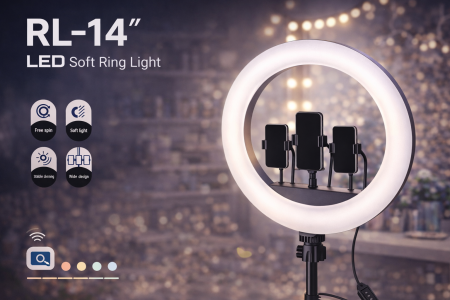 إضاءة حلقيّة LED قياس 14 إنش تمنحك إضاءة ناعمة ومتوازنة لصور وفيديوهات احترافية. مثالية للتصوير، البث المباشر، المكياج وصناعة المحتوى، مع إمكانية تثبيت الهواتف والتحكم بسهولة بالإضاءة للحصول على أفضل نتيجة بكل مرة.