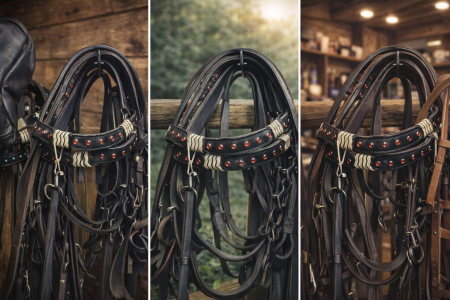 سيت كامل لِجام خيل جلد فاخر بتصميم مميّز 🐎 مصنوع من جلد عالي الجودة مع تطعيمات أنيقة ولمسات حرفية فخمة، مريح لرأس الحصان وقوي للاستخدام اليومي أو العروض، يجمع بين المتانة والأناقة ليبرز جمال خيلك ويمنحك تحكّمًا ممتازًا.