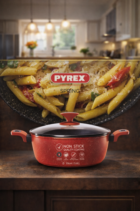 🍲 قدر PYREX Spring غير لاصق مثالي للعزائم والطبخ بكميات كبيرة، طلاء غير لاصق عالي الجودة، توزيع حرارة ممتاز، وغطاء زجاجي متين. أداء قوي وتصميم أنيق يدوم طويلاً 🔥 📏 المقاس: 30 سم | السعة: 5.8 لتر