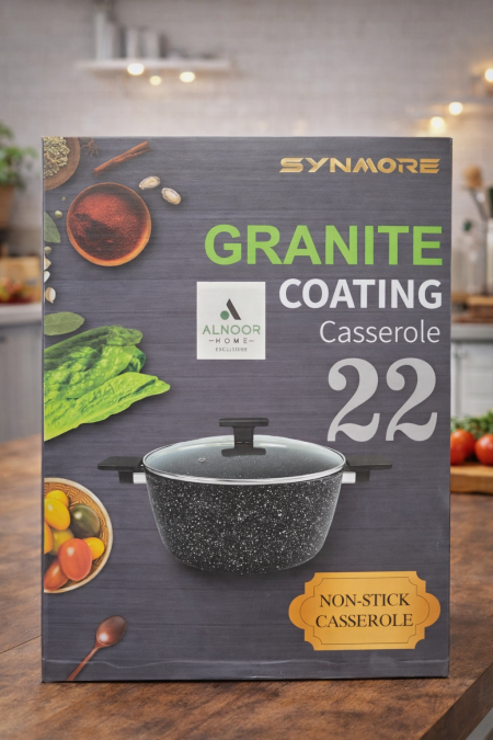 قدر جرانيت Synmore مقاس 22 سم بطلاء غير لاصق، تصميم أنيق مع توزيع حرارة ممتاز لطبخ متوازن وتنظيف سهل. عملي ومثالي للاستخدام اليومي في المطبخ 🍲✨