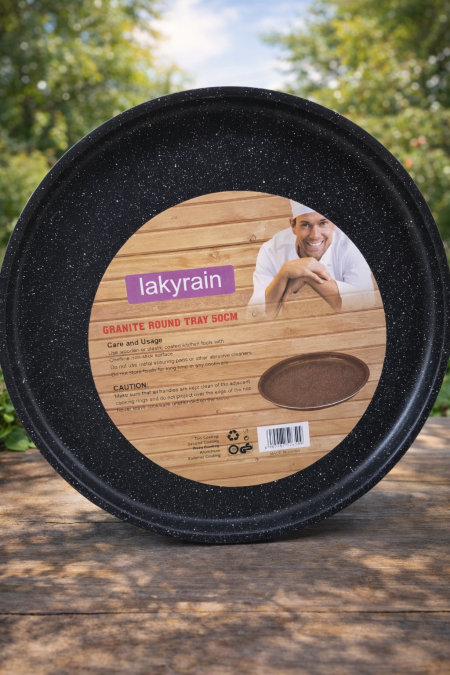 صينية دائرية جرانيت 50 سم من Lakyrain، عملية ومتينة بتصميم أنيق غير لاصق، مثالية للتقديم والخبز اليومي وتوزيع حرارة ممتاز. 🍽️✨
