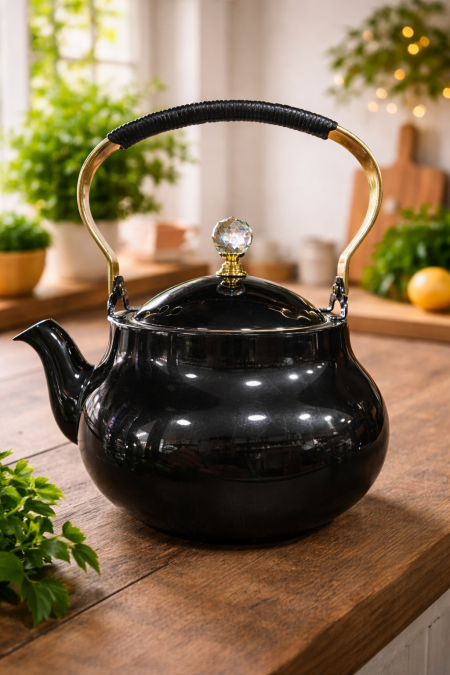إبريق شاي أنيق بتصميم فاخر مع مقبض ذهبي مريح وغطاء بقبضة كريستالية راقية. مثالي لتقديم الشاي بأسلوب عصري ولمسة فخامة على طاولة الضيافة. ☕✨