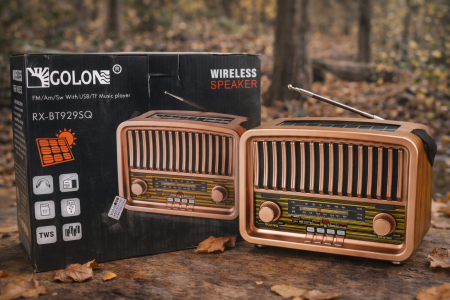 سماعة GOLON RX-BT929SQ بتصميم ريترو كلاسيكي وصوت قوي، تدعم Bluetooth وTWS وتشغيل الموسيقى عبر USB وTF، مع استقبال FM / AM / SW وشحن بالطاقة الشمسية وبطارية قابلة للشحن. مثالية للبيت، الرحلات، والطوارئ مع لمسة أناقة كلاسيكية.